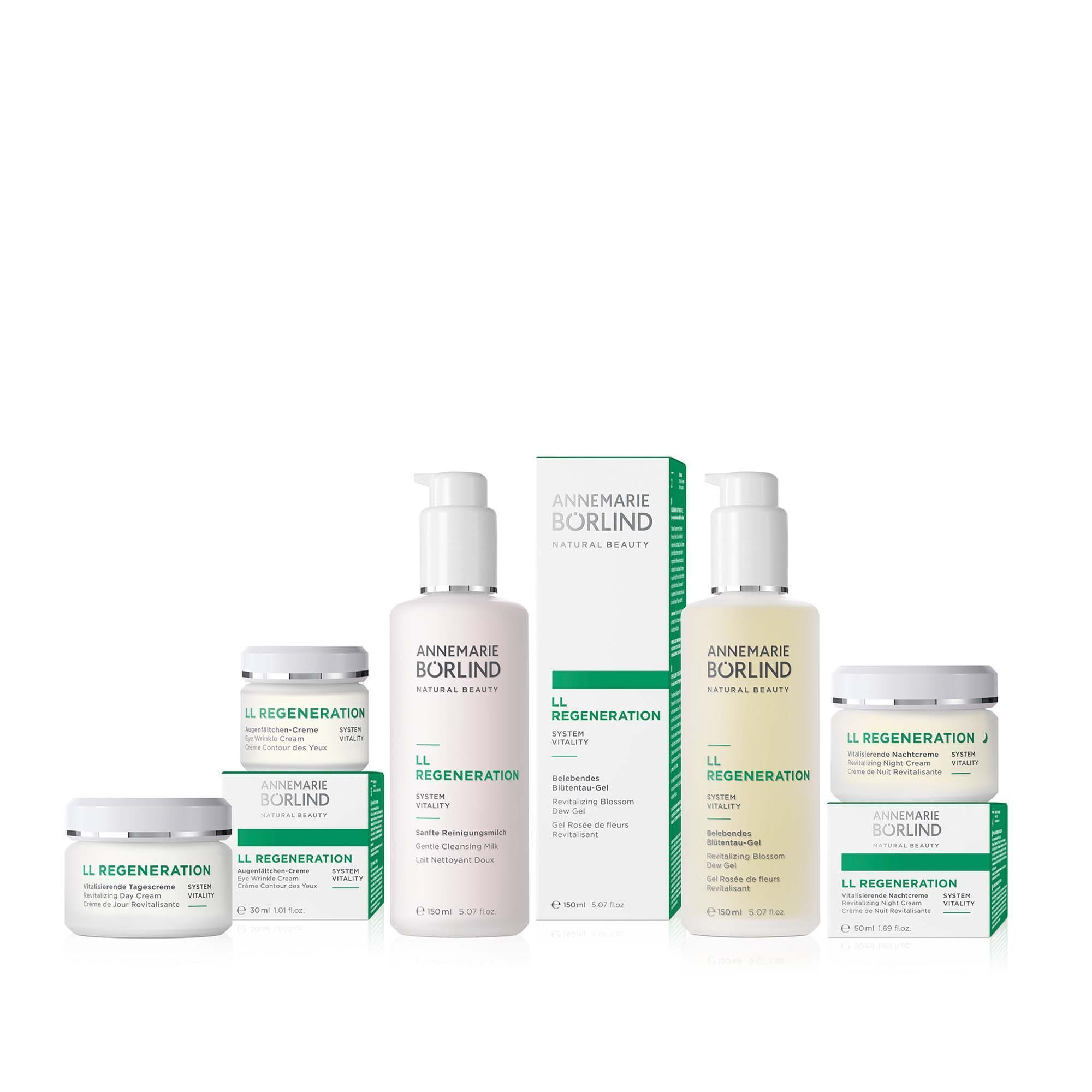 Fünf Kosmetikprodukte der Marke Annemarie Börlind, LL Regeneration Serie, in Weiß und Grün.