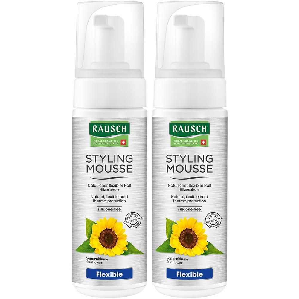 Zwei weiße Flaschen mit Sprühkopf. Aufschrift: RAUSCH Styling Mousse. Mit Sonnenblumen-Illustration und dem Wort "Flexible".