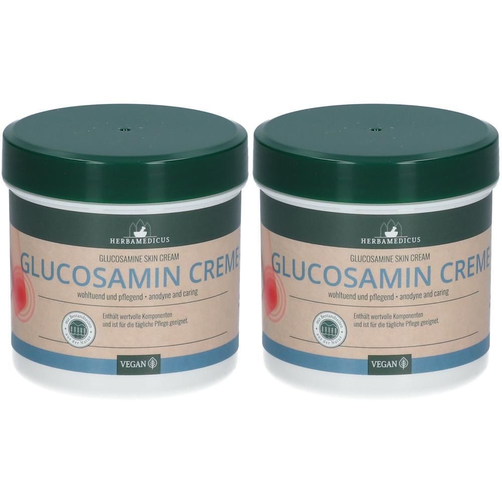 Zwei runde Tiegel mit grünem Deckel. Aufschrift GLUCOSAMIN CREME und HERBAMEDICUS. Vegan-Siegel.