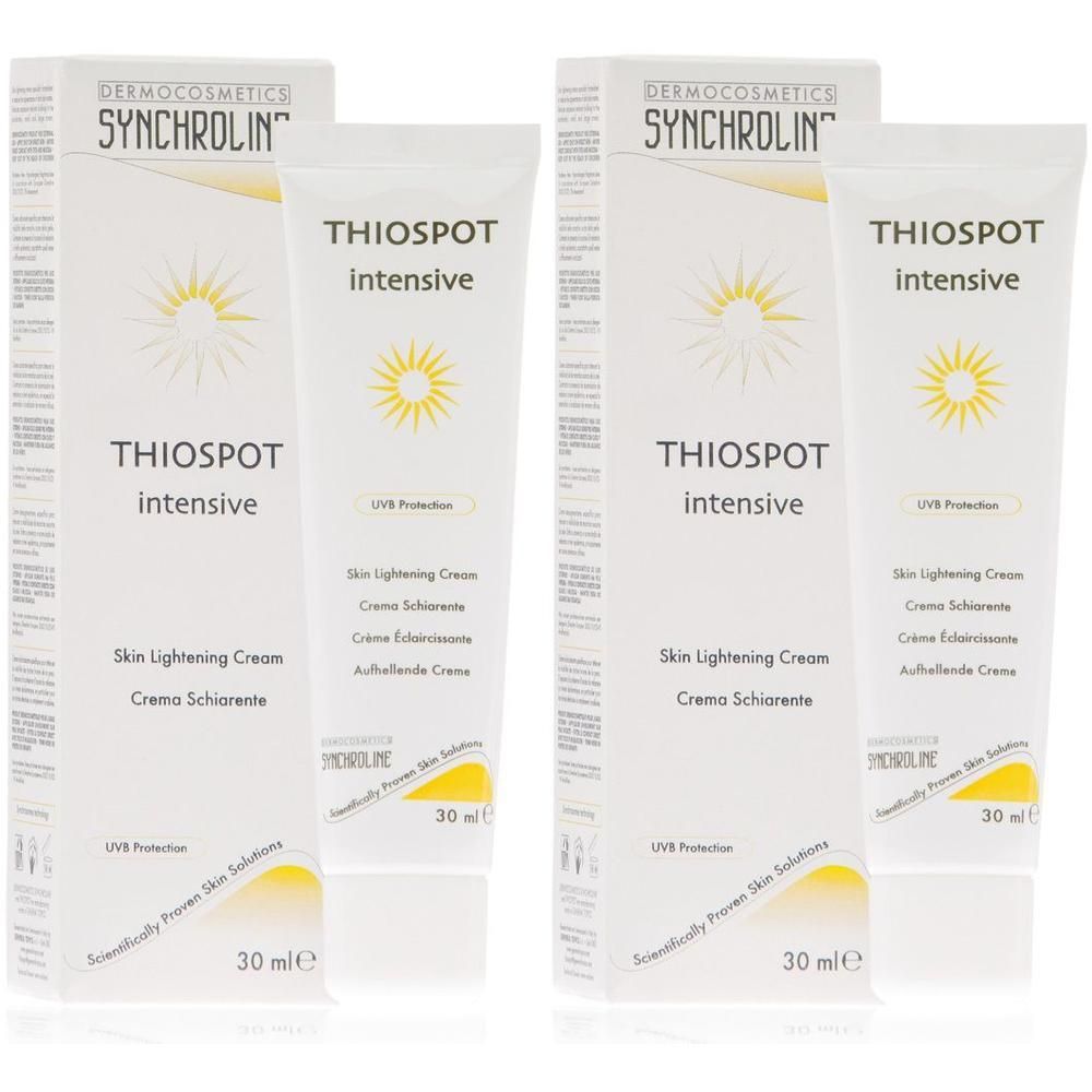Zwei Tuben und Schachteln mit Produktaufschrift THIOSPOT intensive. Aufschrift: Skin Lightening Cream. 30 ml.