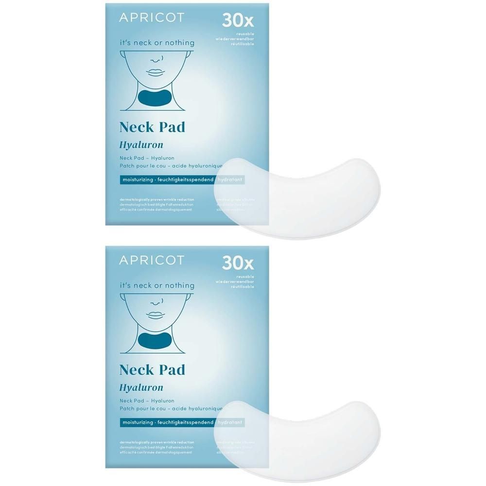 Zwei Packungen APRICOT Neck Pad mit Hyaluron. Blaue Verpackung mit Produktabbildung und Text. Enthält 30 Pads.