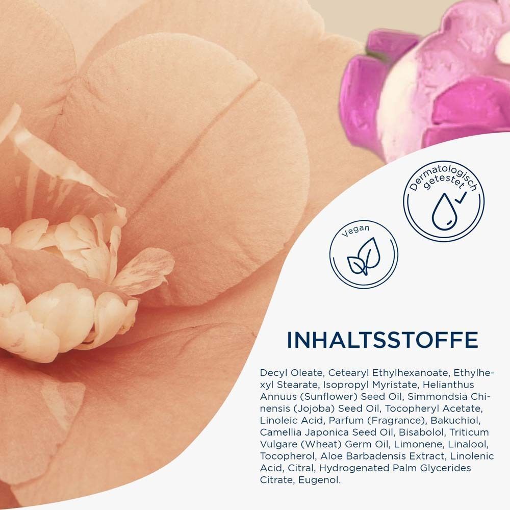 Nahaufnahme der Inhaltsstoffe. Textliste mit Inhaltsstoffen. Logos 'Dermatologisch getestet' und 'Vegan'.