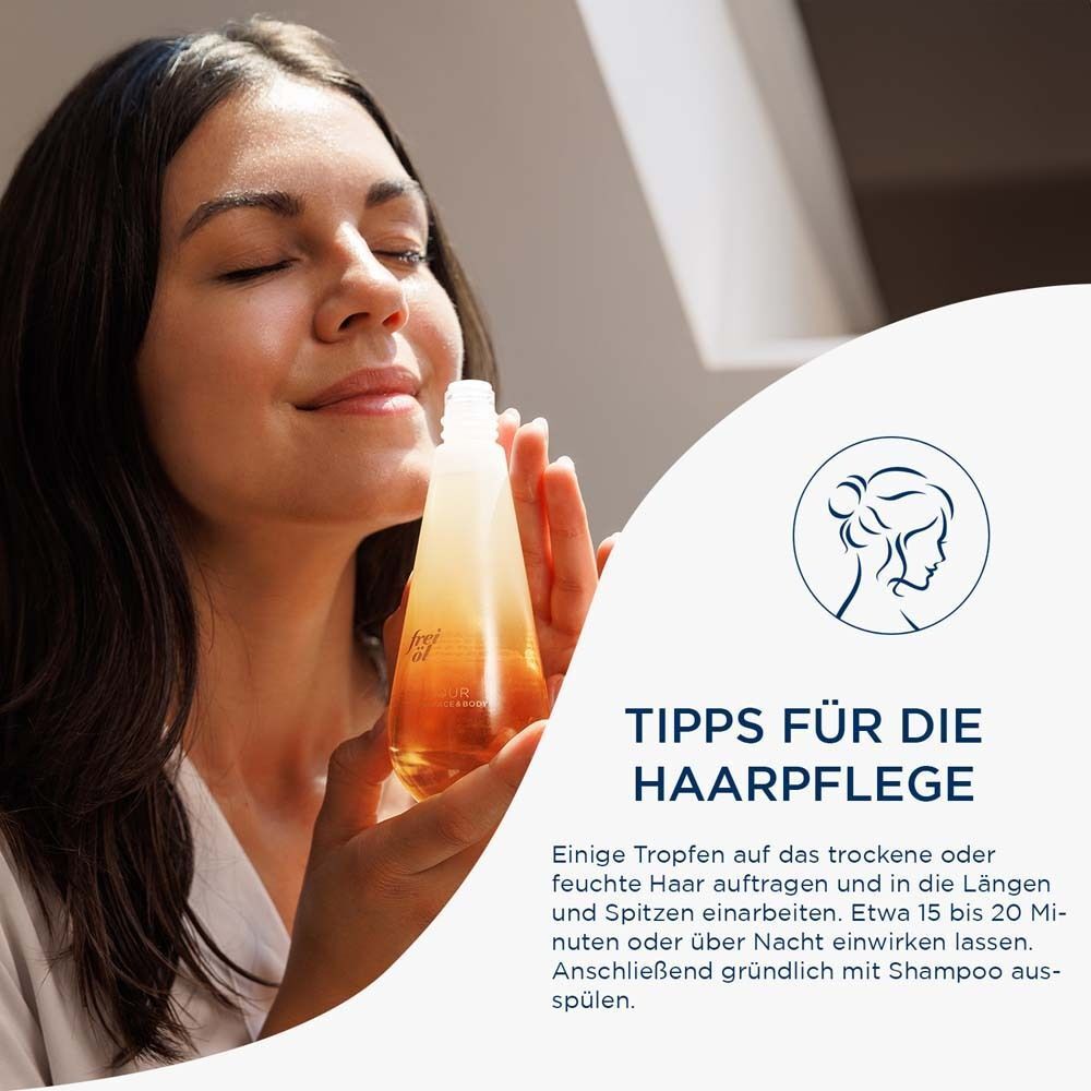 Frau hält Flasche frei öl® ULTRA GLOW ÖL Golden Hour. Text über Tipps für die Haarpflege.