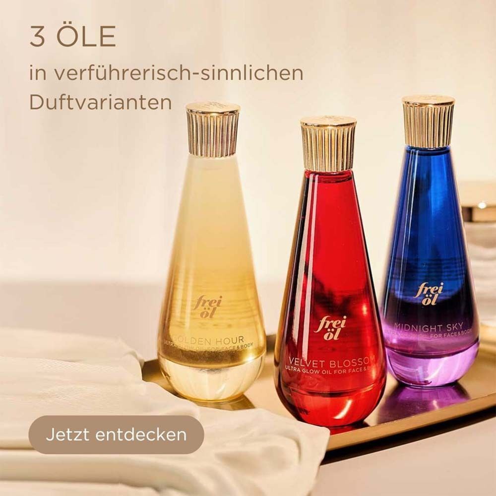 Drei Flaschen frei öl® Öle. Golden Hour, Velvet Blossom, Midnight Sky. Auf Tablett.