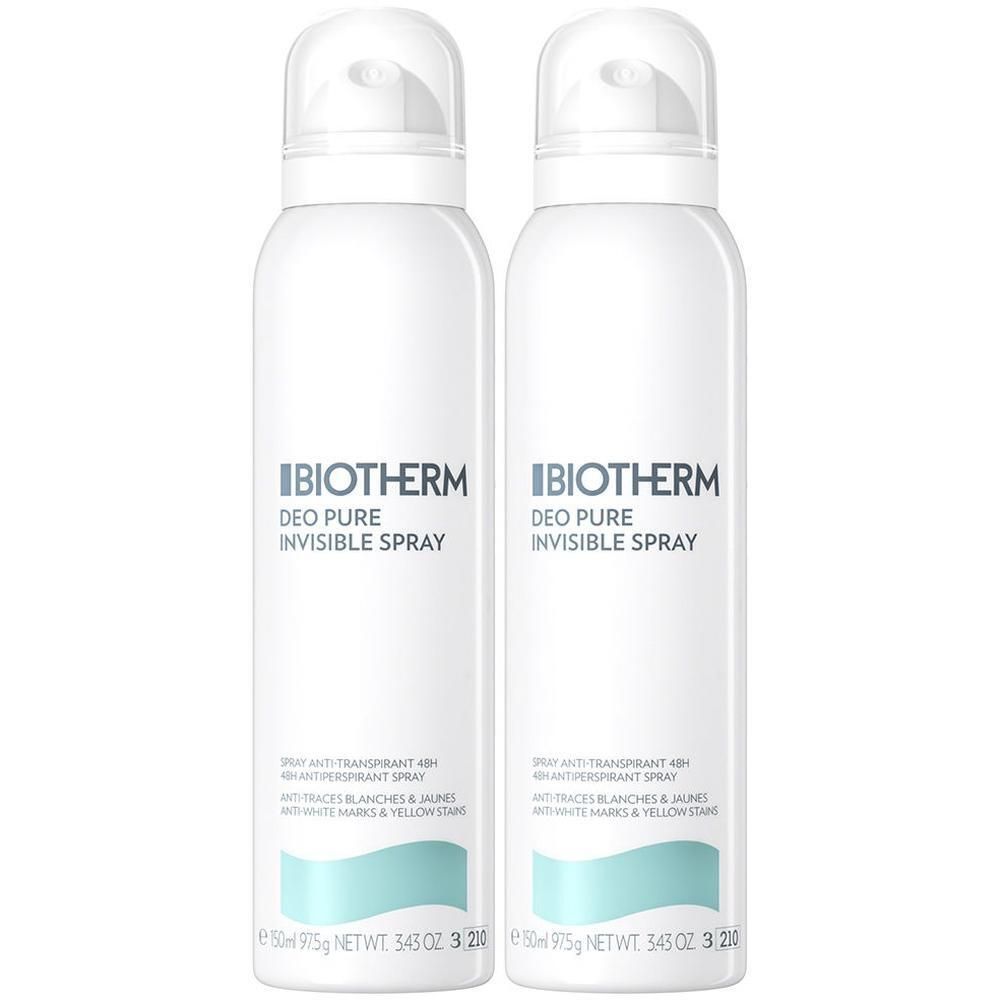 Zwei weiße Deo-Sprays von Biotherm. Aufschrift: Deo Pure Invisible Spray. Mit blauem Streifen und Text. Transparente Sprühköpfe.