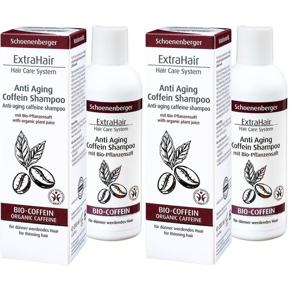 Mehrere Flaschen und Kartons Shampoo. Aufdruck: ExtraHair Anti Aging Coffein Shampoo, Bio-Coffein, für dünner werdendes Haar. Mit Logo.
