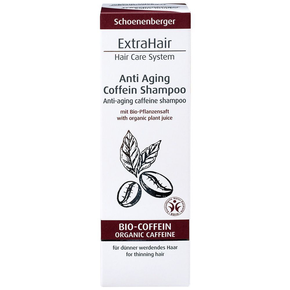 Aufrechte Shampoo-Verpackung. Aufdruck: ExtraHair Anti Aging Coffein Shampoo, Bio-Coffein, für dünner werdendes Haar. Mit Logo und Illustration.