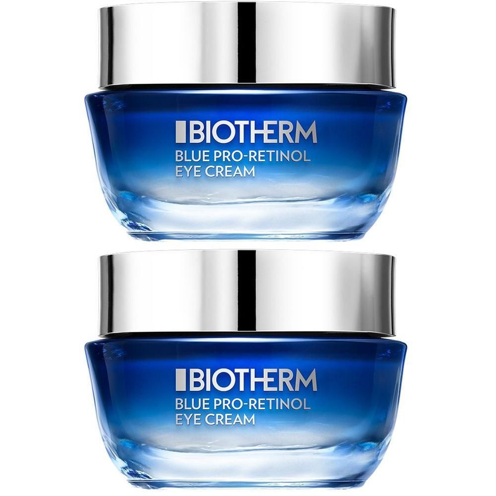 Zwei blaue Tiegel mit silbernen Deckeln. Auf den Tiegeln steht BIOTHERM BLUE PRO-RETINOL EYE CREAM.