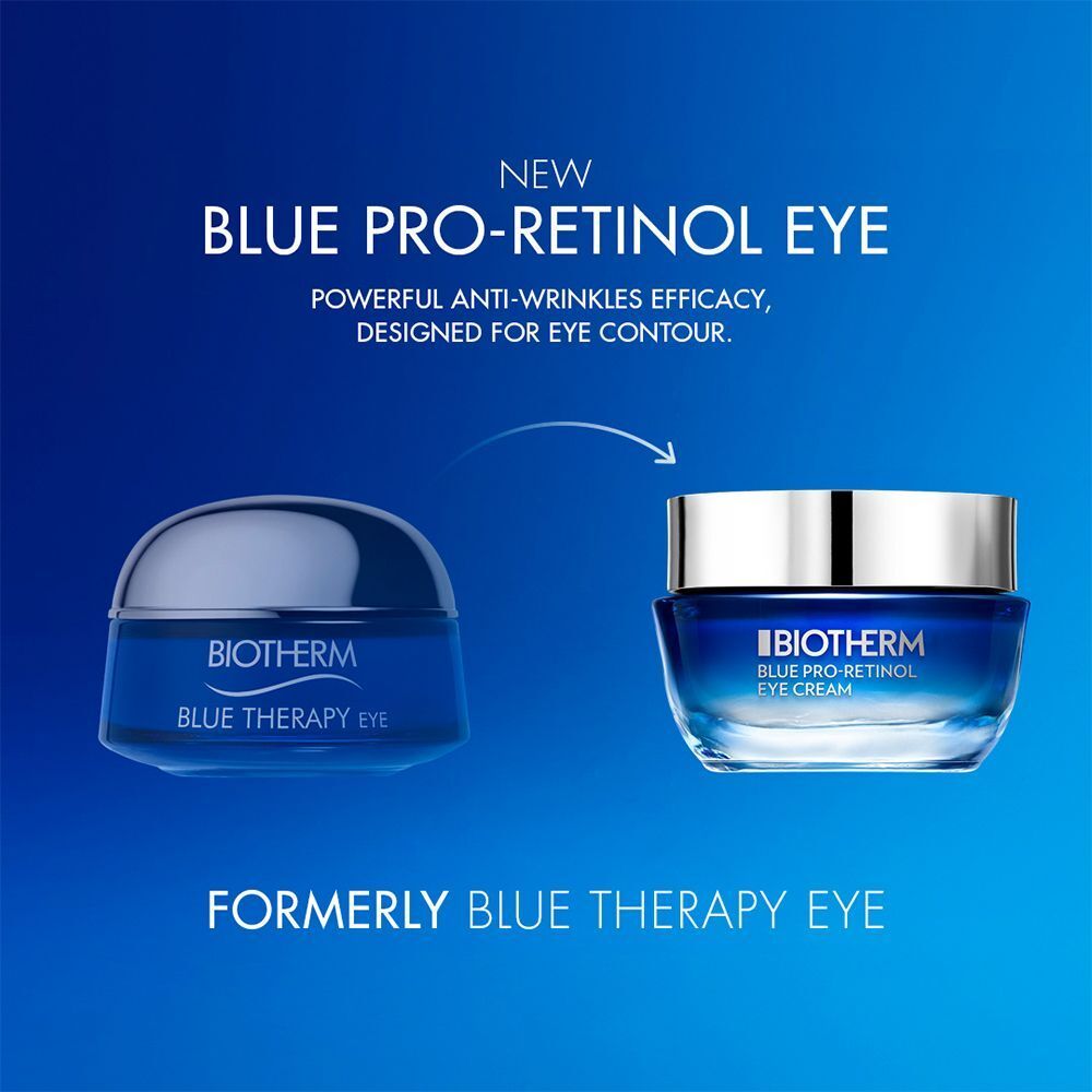 Zwei Abbildungen des Produkts. Links ein blauer Tiegel, rechts ein Tiegel mit silbernem Deckel. Text: BLUE PRO-RETINOL EYE.