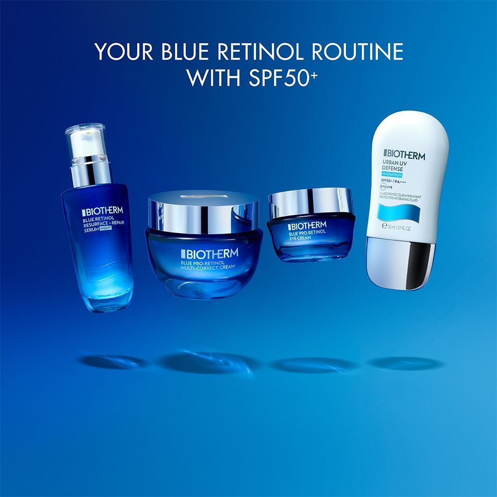 Verschiedene Produkte auf blauem Hintergrund. Text: YOUR BLUE RETINOL ROUTINE WITH SPF50+.