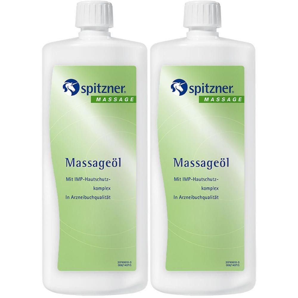 Zwei weiße Flaschen mit Massageöl-Etiketten. Aufschrift: spitzner, Massageöl, mit IMP-Hautschutzkomplex, in Arzneibuchqualität.