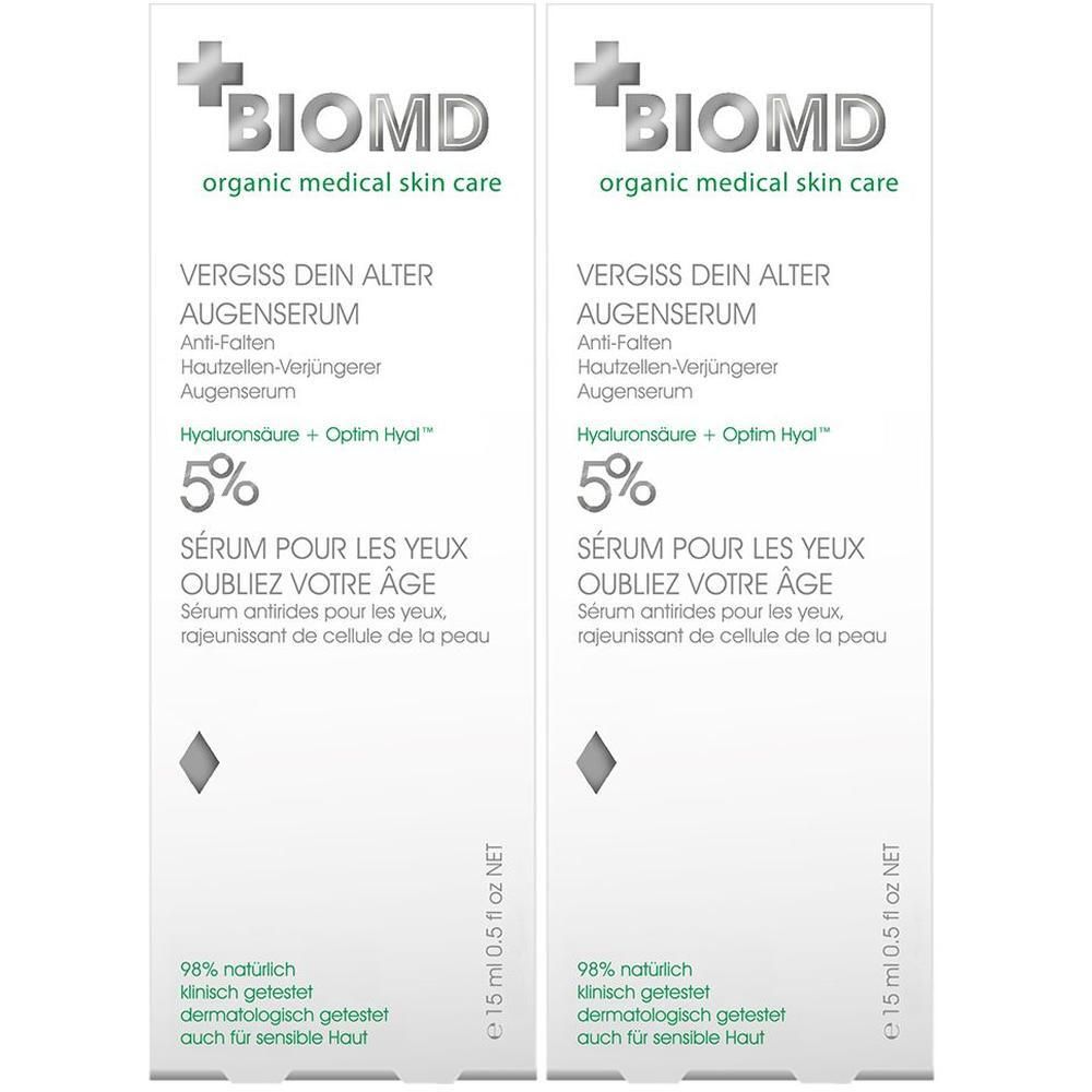 Zwei weiße Tuben mit grünem Etikett. Aufschrift: BIOMD, Vergiss dein Alter Augenserum, 5%, 15 ml.