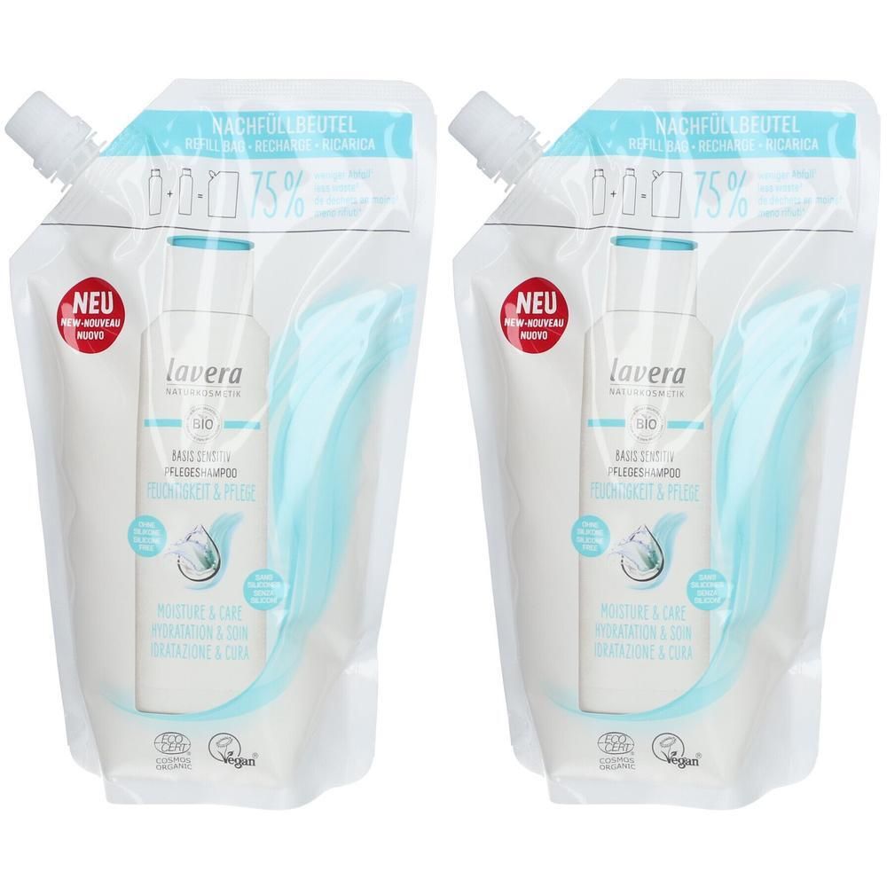 Zwei Nachfüllbeutel mit Shampoo. Aufschrift "lavera". Oben "NEU". Mit Zertifizierungen. Transparente Verpackung.
