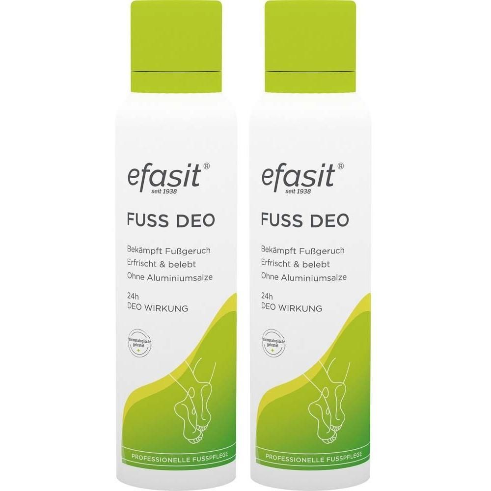Zwei weiße Sprühflaschen mit grünem Deckel. Aufschrift: efasit Fuß Deo. Bekämpft Fußgeruch, erfrischt & belebt. Ohne Aluminiumsalze. 24h Deo Wirkung.