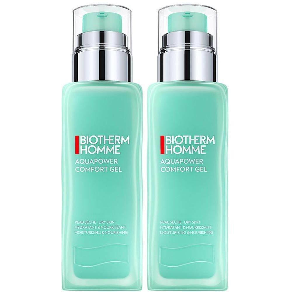 Zwei Flaschen BIOTHERM Homme Aquapower Comfort Gel. Türkisgrüne Flaschen mit silbernen Pumpaufsätzen. Rote BIOTHERM-Logos.
