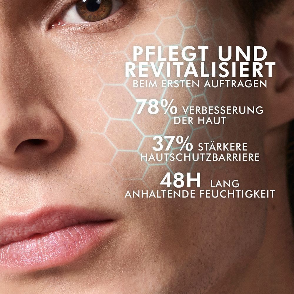 Gesicht eines Mannes. Text: „Pflegt und revitalisiert, 78% Verbesserung der Haut, 37% stärkere Hautschutzbarriere, 48h anhaltende Feuchtigkeit“.