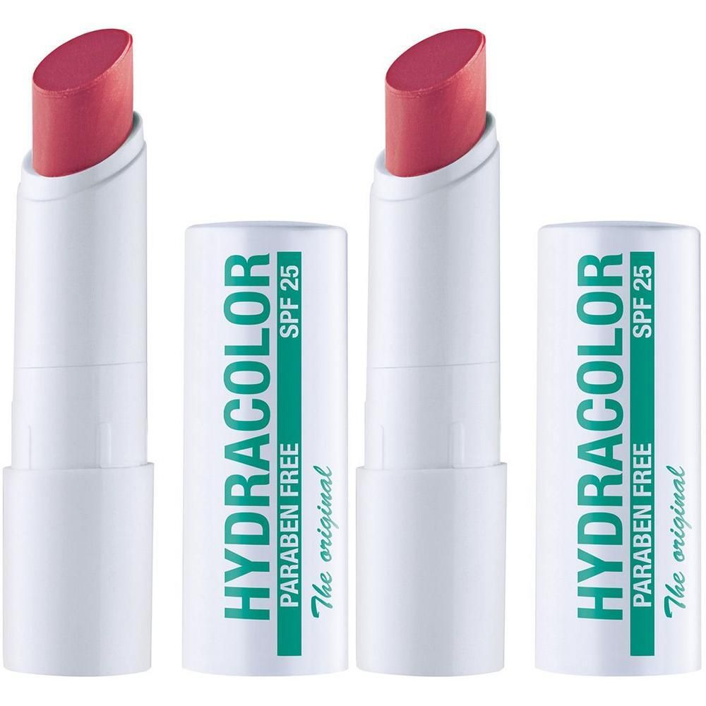 Lippenpflege mit rosa Lippenstift. Weiße Hülle mit grüner Schrift: HYDRACOLOR, SPF 25, PARABEN FREE. Zwei Lippenstifte geöffnet.