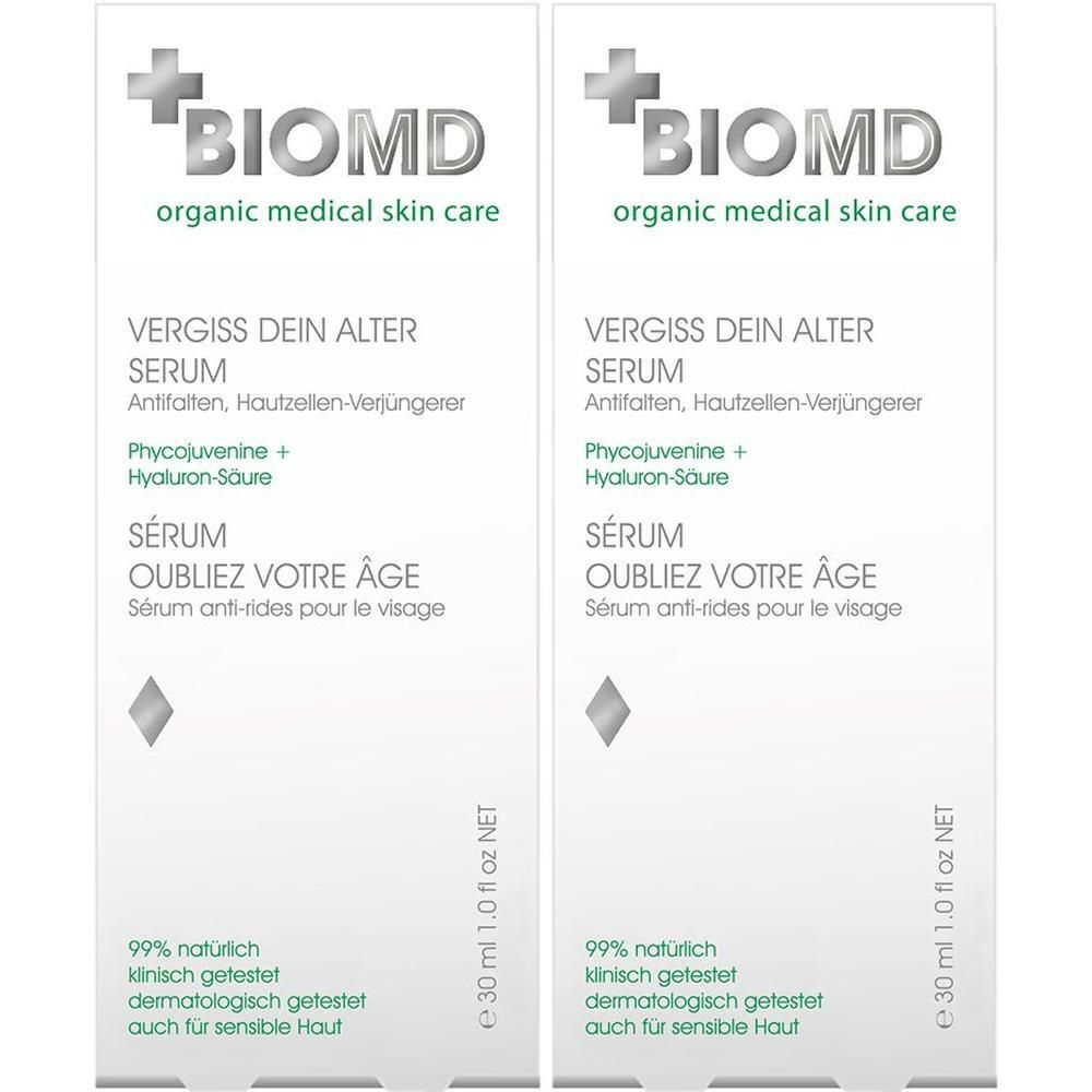 Zwei identische Flakons. Aufschrift: BIOMD, Vergiss dein Alter Serum, 99% natürlich, dermatologisch getestet.