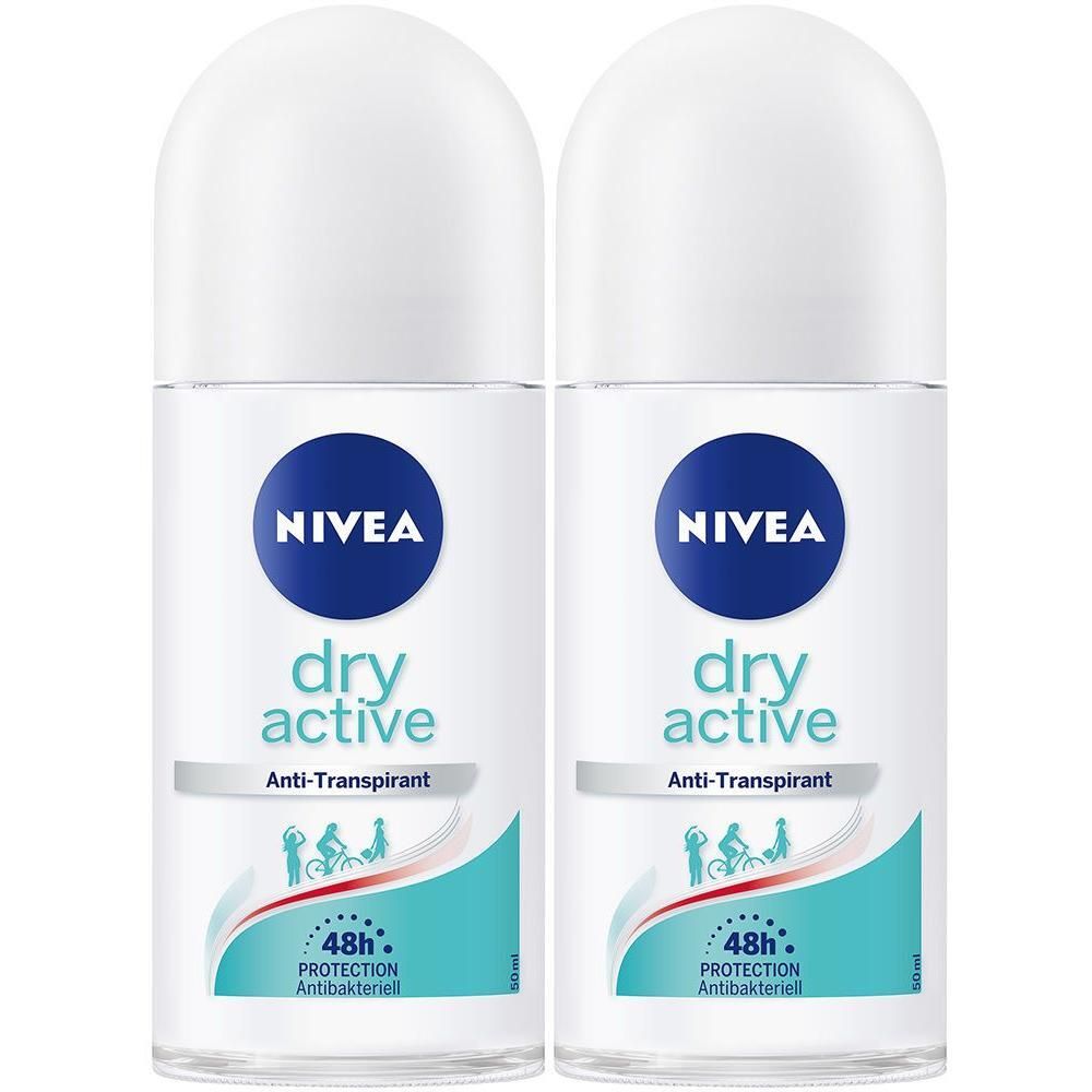 Zwei weiße Roll-on-Deodorants. Blaue Logos mit "NIVEA", "dry active" und "Anti-Transpirant". Text: "48h Protection Antibakteriell".