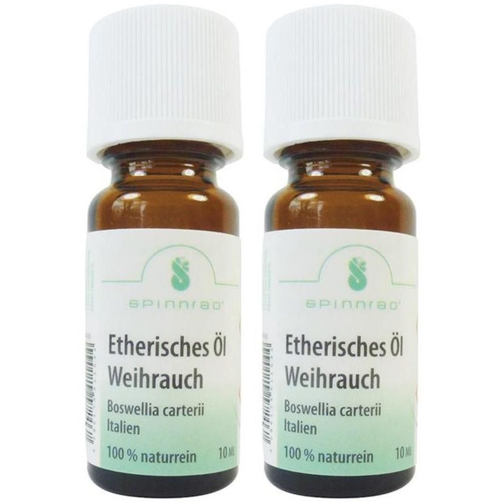 Zwei braune Glasflaschen mit weißem Deckel. Aufschrift: Ätherisches Öl Weihrauch, Boswellia carterii, 100% naturrein.