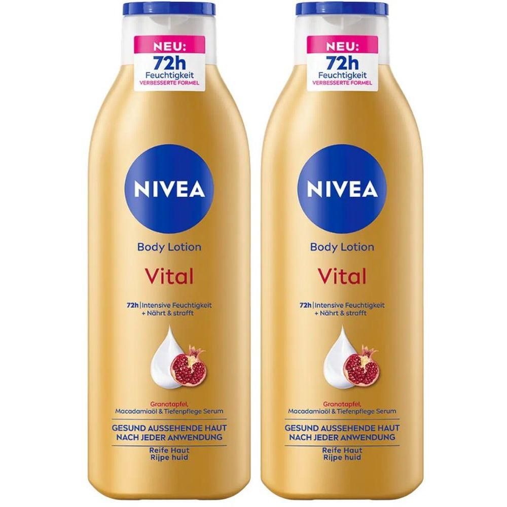 Zwei Flaschen NIVEA Body Lotion Vital. Goldfarbene Flaschen mit blauem Deckel und Logo. Enthält Text und Abbildungen.