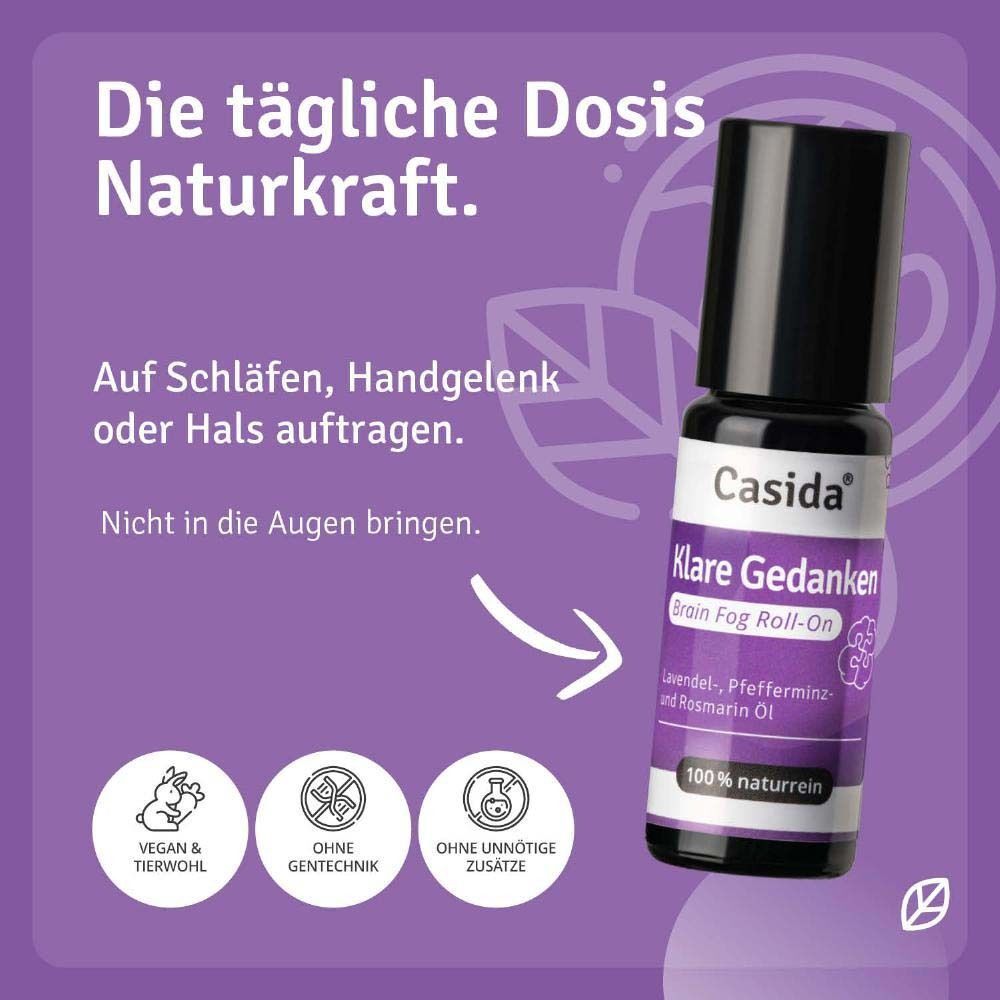 Roll-On-Flasche mit Text. Aufschrift: Casida Klare Gedanken Brain Fog Roll-On. Vegan & tierwohl, ohne Gentechnik, ohne unnötige Zusätze.