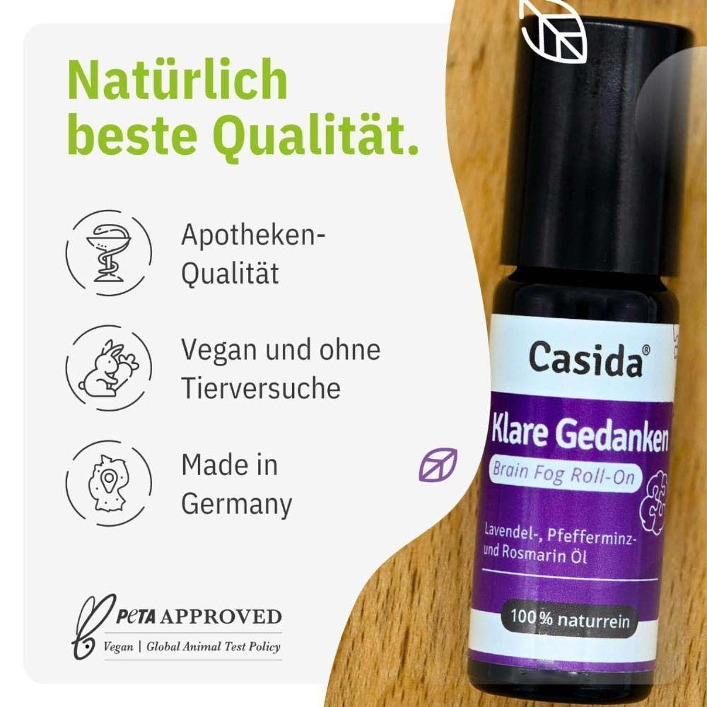 Roll-On-Flasche mit Text. Aufschrift: Casida Klare Gedanken Brain Fog Roll-On. Apotheken-Qualität, vegan, Made in Germany, PETA approved.