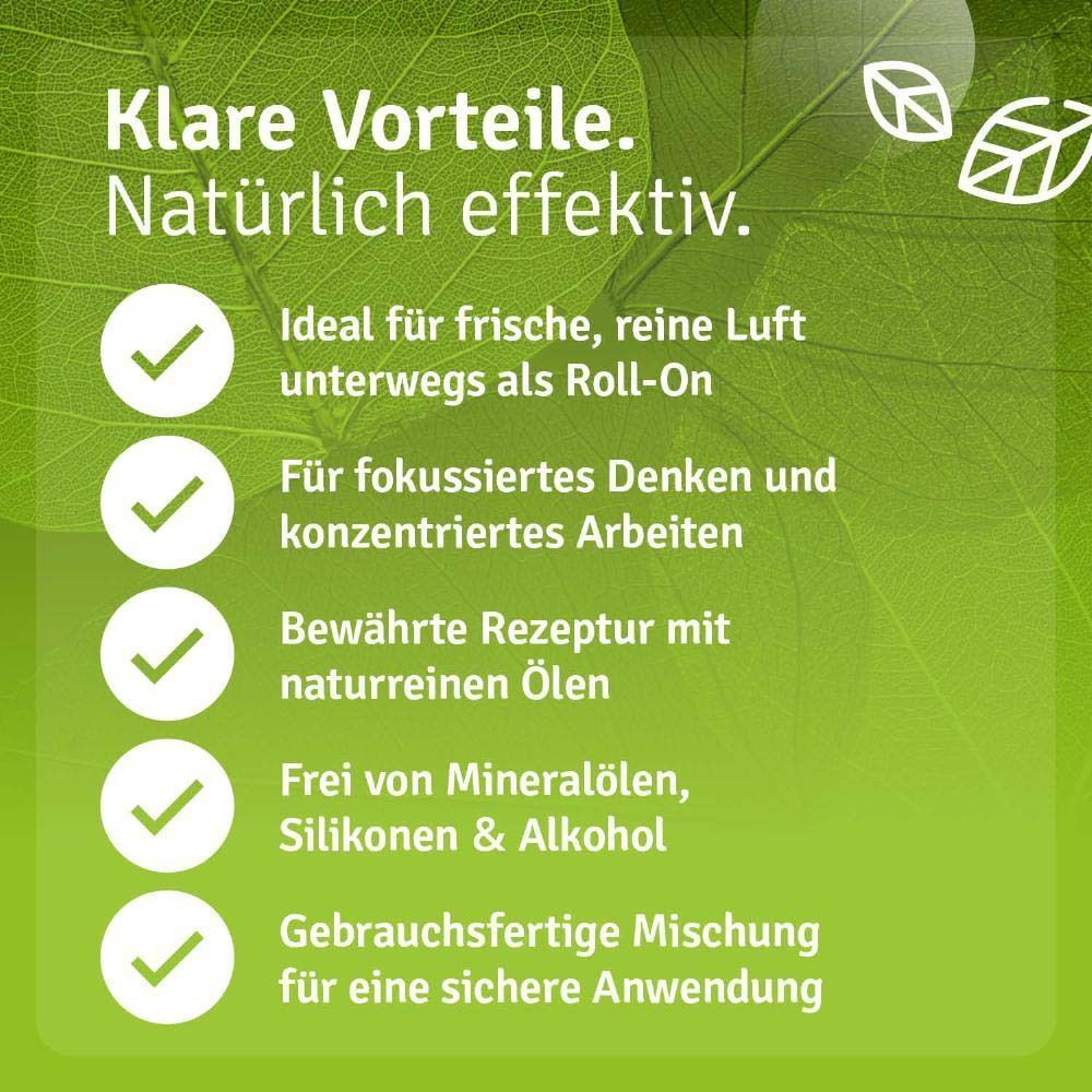 Text mit Vorteilen. Aufschrift: Casida Klare Gedanken Brain Fog Roll-On. Für fokussiertes Denken, bewährte Rezeptur, frei von Mineralölen.