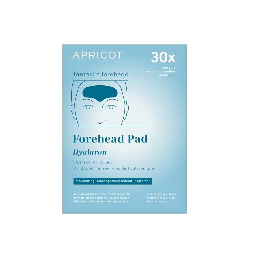 Eine Packung Stirn Pads. Auf der Verpackung steht 'APRICOT Forehead Pad Hyaluron'. Enthält 30 Pads.