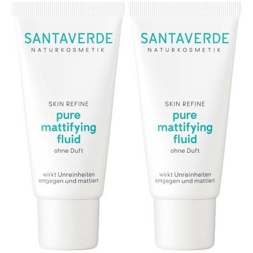 Zwei Tuben SANTAVERDE mattifying fluid. Weiße Tuben mit grüner Schrift. Aufschrift: pure mattifying fluid, ohne Duft.