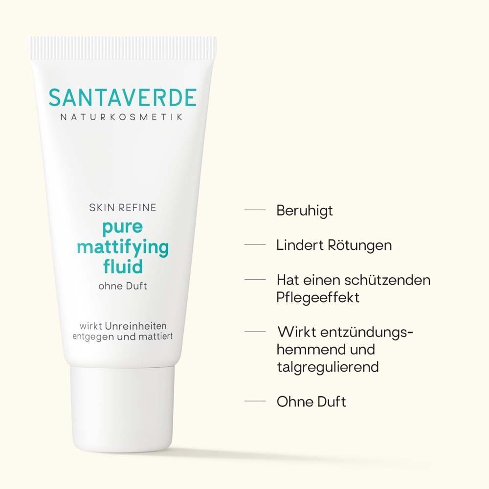 Tube SANTAVERDE mattifying fluid. Weiße Tube mit grüner Schrift. Aufschrift: pure mattifying fluid, ohne Duft. Text: beruhigt, lindert Rötungen.
