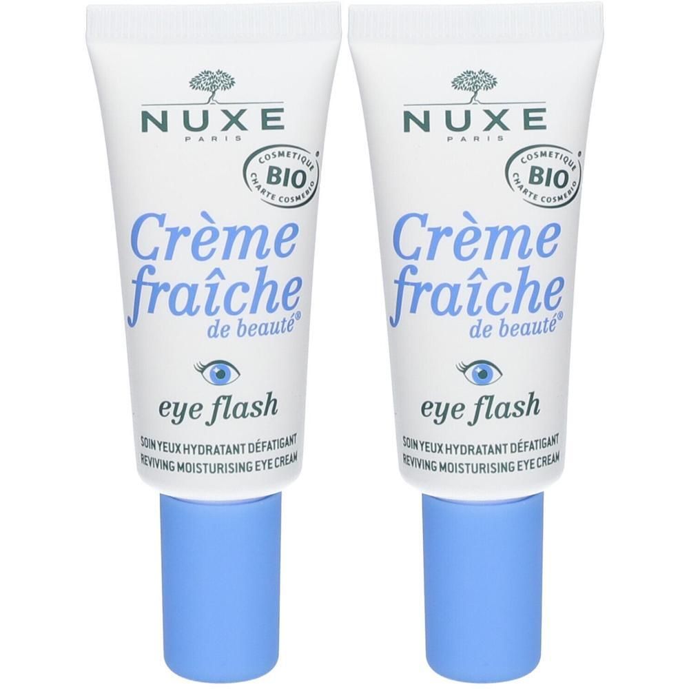Zwei Tuben Augencreme. Weiße Tuben mit blauen Deckeln. Aufschrift: NUXE, Crème fraîche de beauté, eye flash.