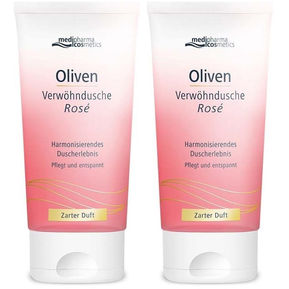 Zwei Tuben Oliven Verwöhndusche Rosé. Weiße Tuben mit rosa Farbverlauf. Text: medipharma cosmetics, Oliven, Zarter Duft.