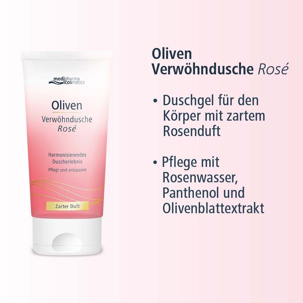 Tube Oliven Verwöhndusche Rosé. Weiß-rosa Tube. Text: medipharma cosmetics, Oliven, Zarter Duft. Text auf rosa Hintergrund.