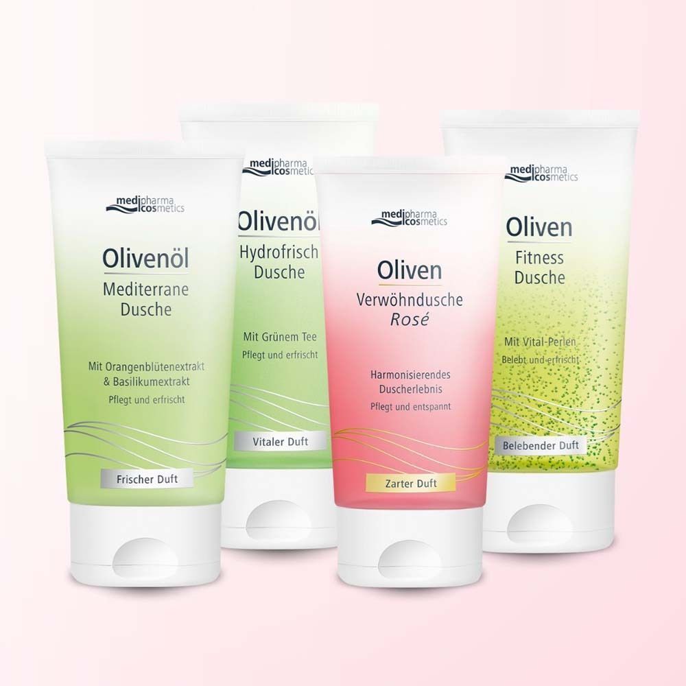 Vier Tuben Duschgel. Produkte: Oliven Verwöhndusche Rosé, Olivenöl Mediterrane Dusche, Oliven Hydrofrisch Dusche, Oliven Fitness Dusche.