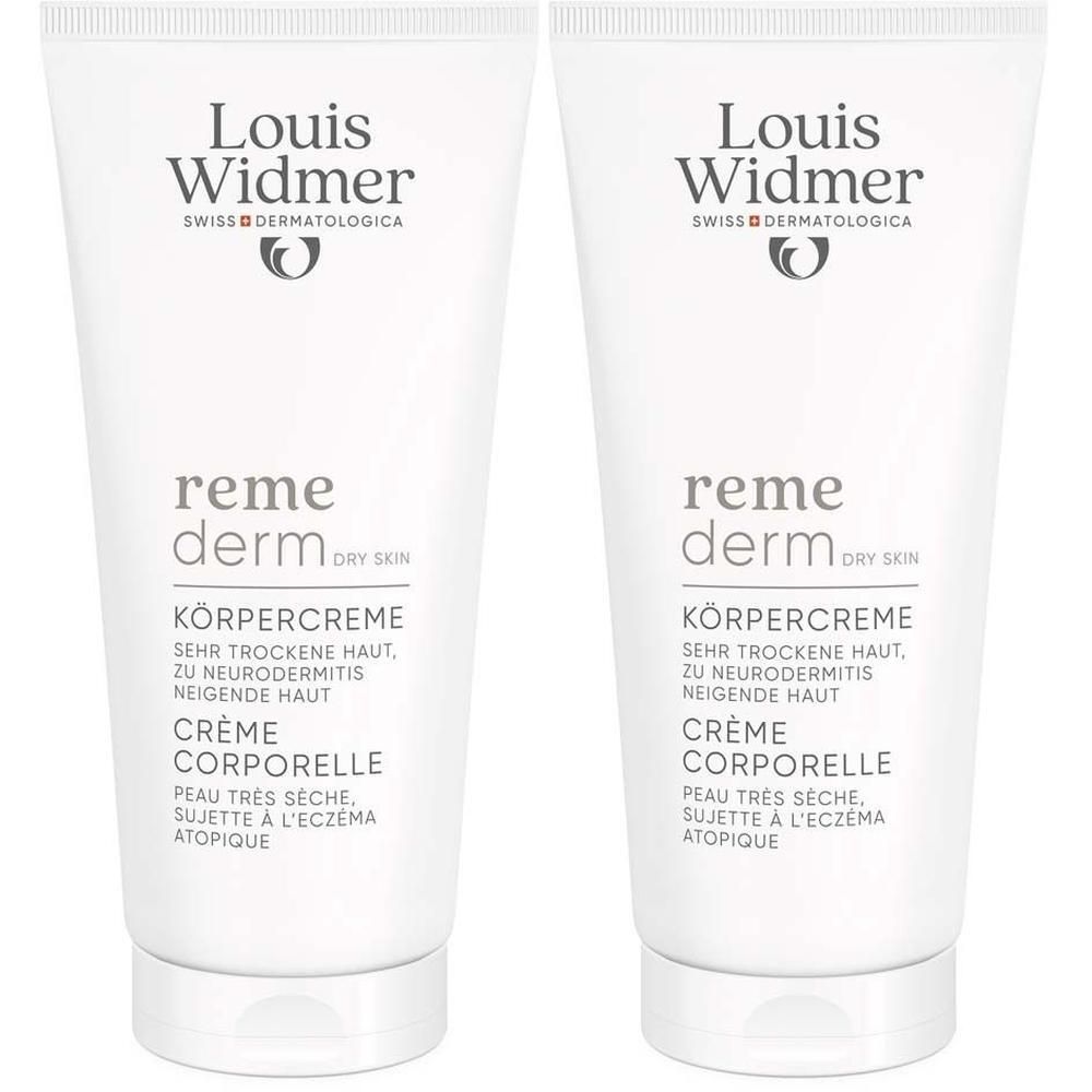 Zwei Tuben Körpercreme. Weiß, mit Logo und Produktbezeichnung. Text: "reme derm dry skin".