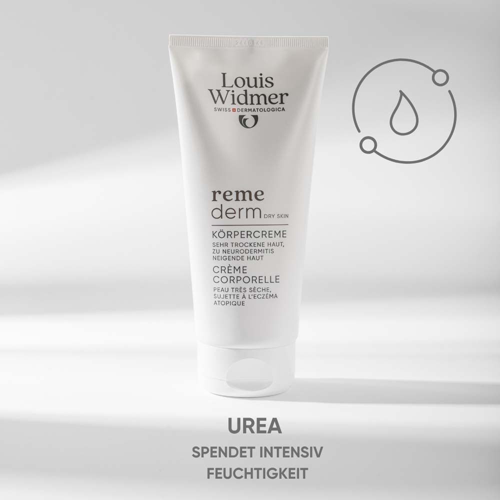 Tube Körpercreme. Weiß, mit Logo und Produktbezeichnung. Text: "reme derm dry skin". Text: "Urea".