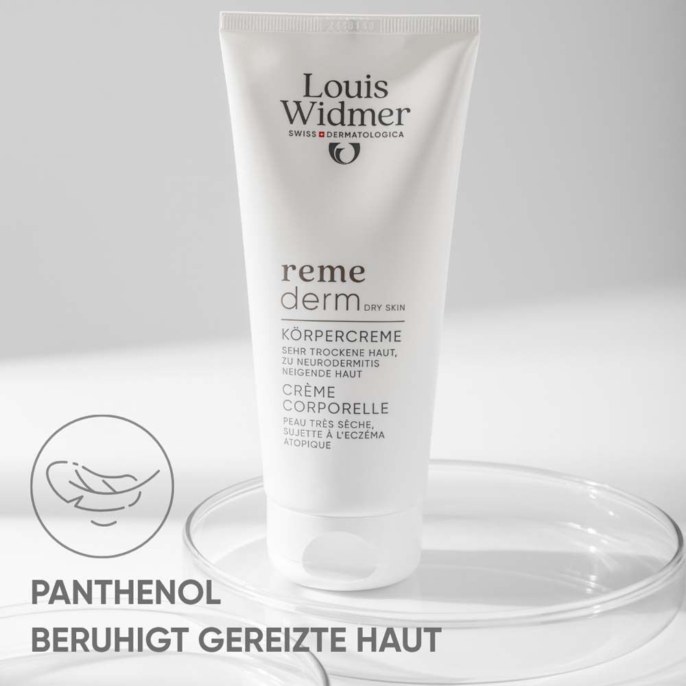 Tube Körpercreme. Weiß, mit Logo und Produktbezeichnung. Text: "reme derm dry skin". Text: "Panthenol".