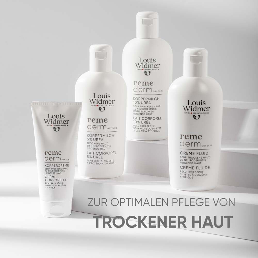 Verschiedene Produkte. Tuben und Flaschen. Text: "reme derm". Für trockene Haut.