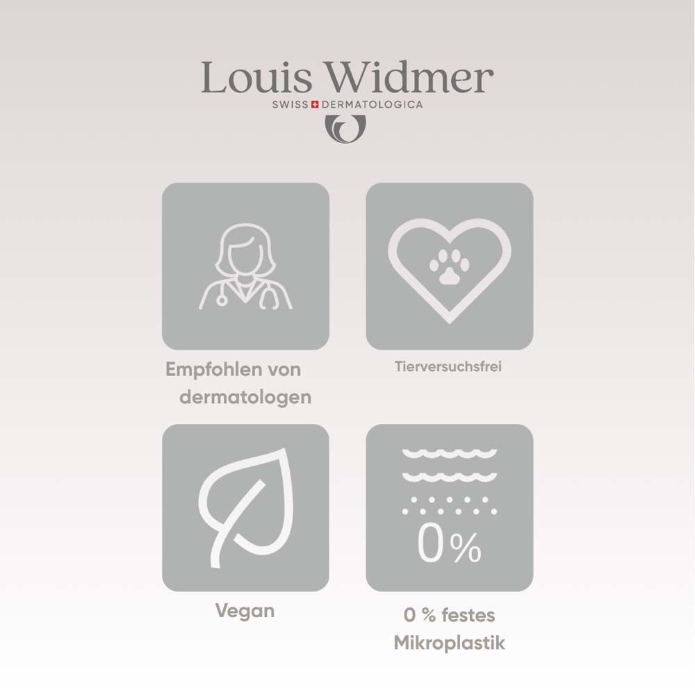 Symbole: Dermatologen empfohlen, tierversuchsfrei, vegan, 0% Mikroplastik.