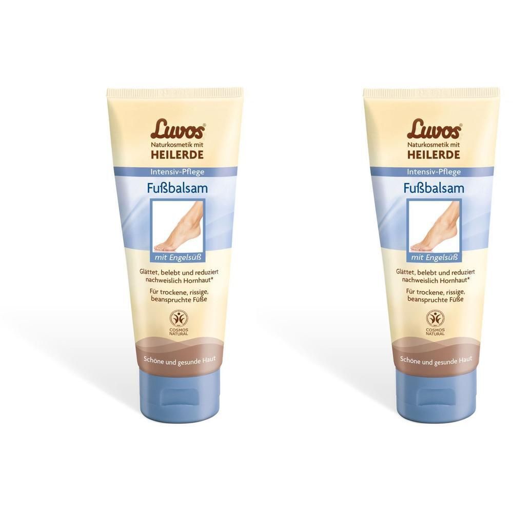 Zwei Tuben Luvos Heilerde Fußbalsam. Beige Tube mit blauem Deckel. Text: Heilerde, Fußbalsam, mit Engelsüß.