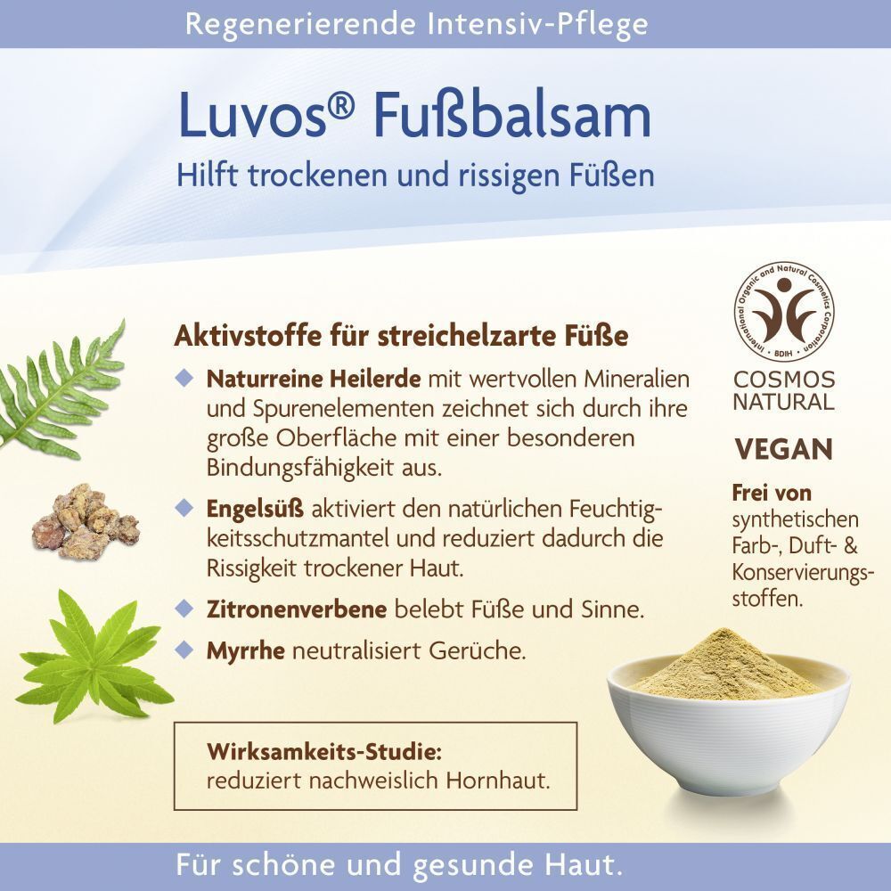 Infografik: Luvos Fußbalsam. Text: Aktivstoffe, Engelsüß, Zitronenverbene, Myrrhe. COSMOS NATURAL, VEGAN. Schale mit Pulver.