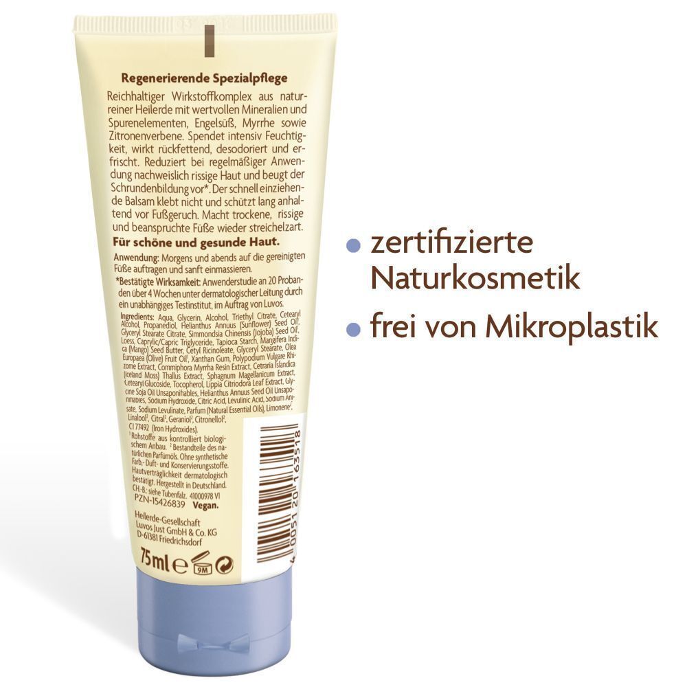 Rückseite der Luvos Heilerde Fußbalsam Tube. Text: zertifizierte Naturkosmetik, frei von Mikroplastik. 75ml. Vegan.