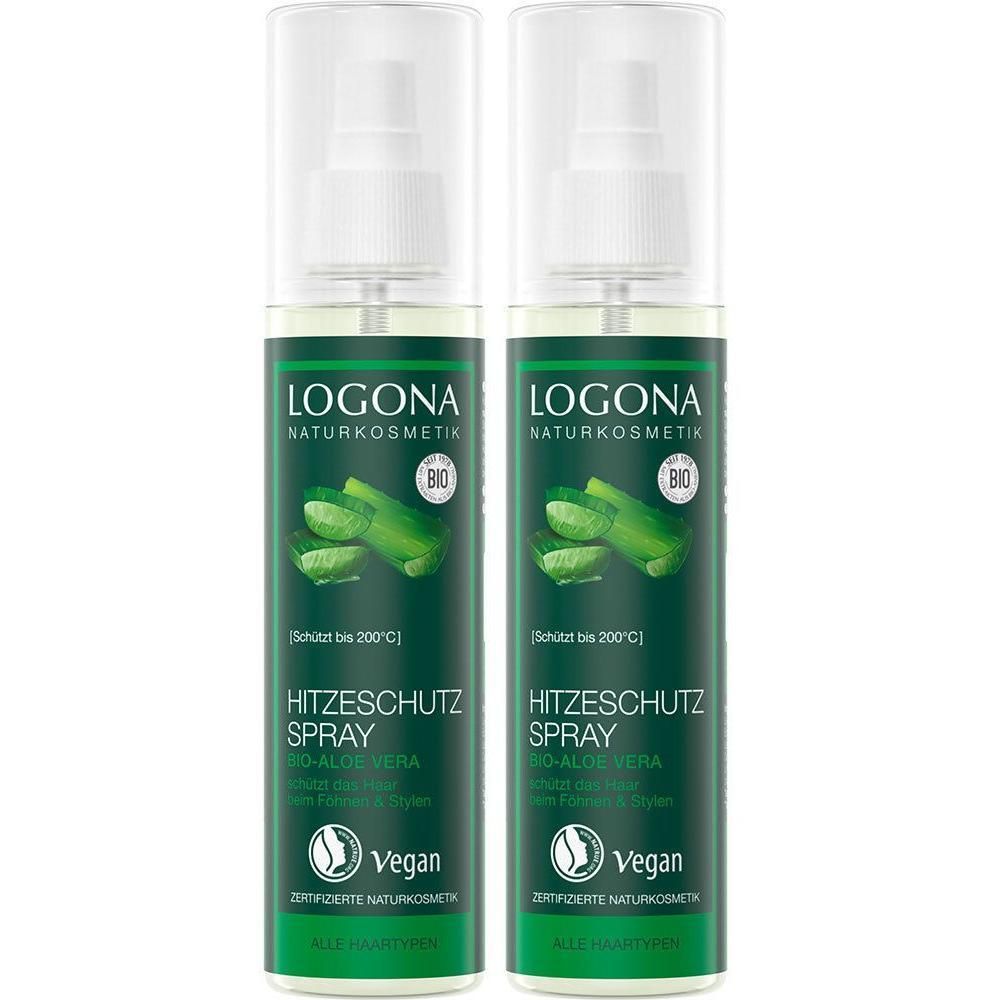 Zwei grüne Sprühflaschen mit weißem Deckel. Aufschrift: LOGONA Naturkosmetik, Hitzeschutz Spray Bio-Aloe Vera. Vegan-Siegel. Bio-Zertifizierung.