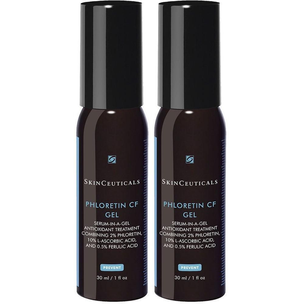 Zwei Flaschen Skinceuticals Phloretin CF Gel. Braune Flaschen mit schwarzem Deckel. Text: Serum-in-a-Gel, Antioxidantien.