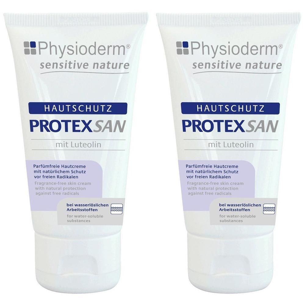 Zwei Tuben PROTEXSAN Hautschutzcreme. Weiß, mit blauer Schrift. Enthält Luteolin. Frei von Duftstoffen. Für wasserlösliche Arbeitsstoffe.