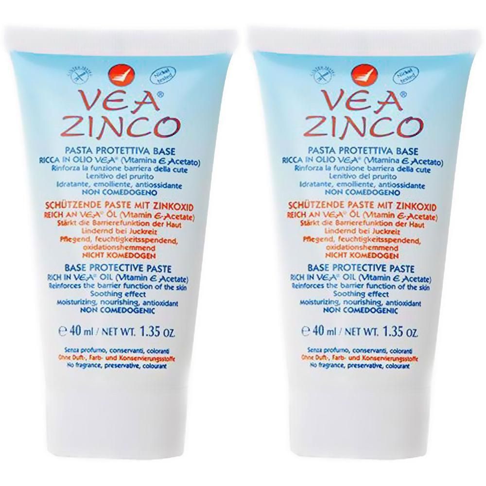 Zwei Tuben VEA® Zinco. Blaue und weiße Tube mit Produktinformationen. Enthält Zinkoxid. 40 ml.