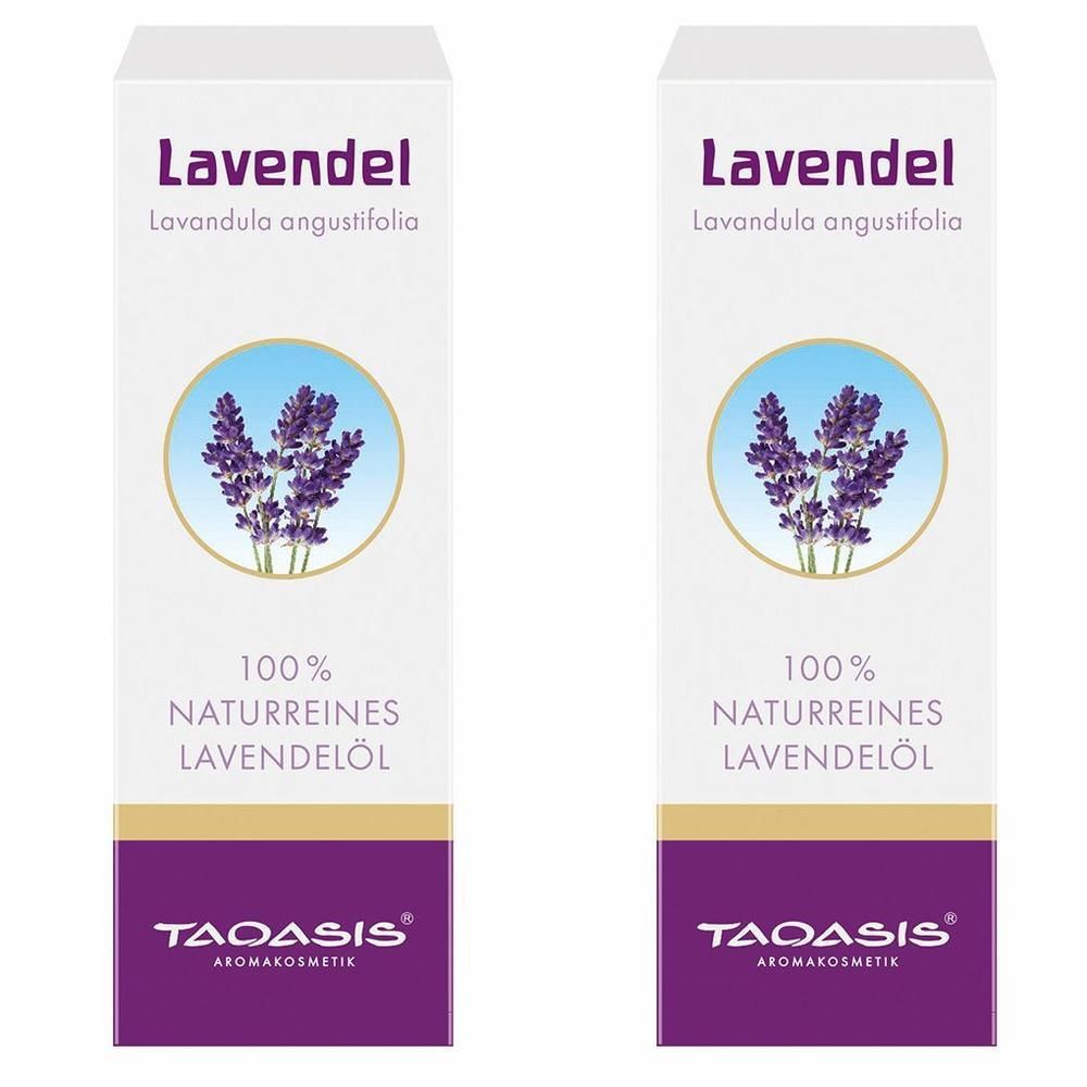 Zwei weiße Kartons mit lila Aufschrift "Lavendel". Text: "100% naturreines Lavendelöl". Marke: TAOASIS Aromakosmetik.