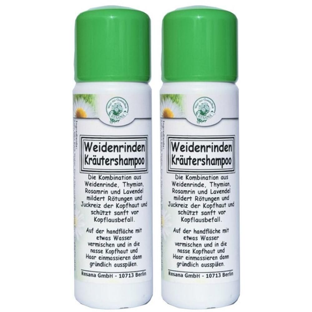 Zwei Flaschen Kräutershampoo mit grünem Deckel. Aufschrift: Weidenrinden Kräutershampoo. Text zur Anwendung. Resana GmbH.