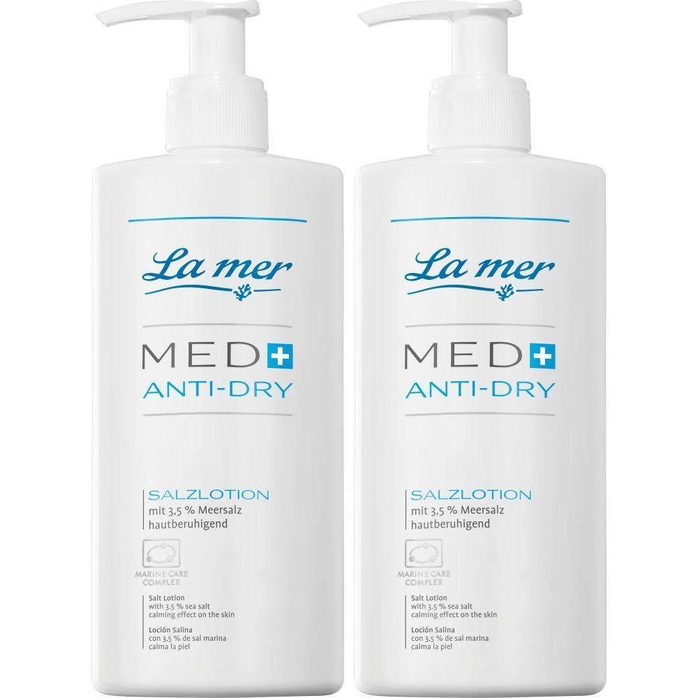 Zwei weiße Flaschen mit Pumpverschluss. Aufschrift: La mer MED+ ANTI-DRY Salzlotion.